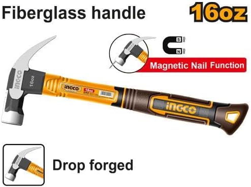 INGCO - 16oz Claw Hammer with Magnetic Nail Holder, Durable Drop-Forged Carbon Steel Head, Fiberglass Handle for Comfortable Grip, Perfect for Carpentry, DIY, and Home Repairs