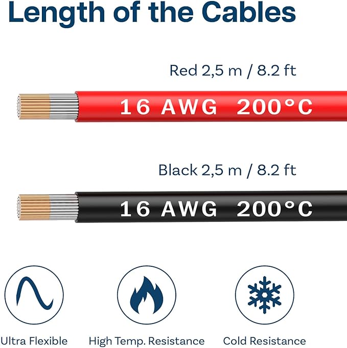 MMOBIEL 16 AWG Silicone Electronic Cable - 16 Gauge (1.31 mm²) Tinned Copper Cable - 2 Separate Cables Red & Black Each 2.5 m / 8.2 ft for RC, Drones, 3D Printers, Batteries, Speaker Cable, LED Strips