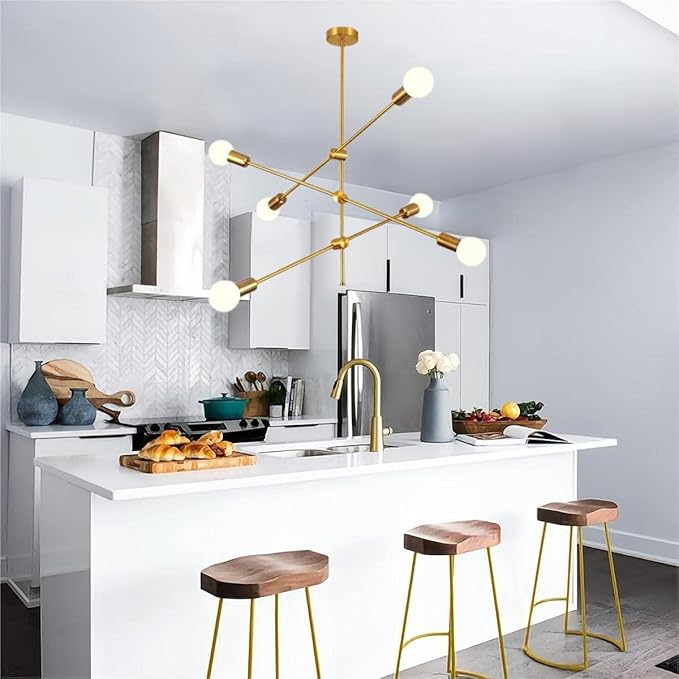 HUA QIANG WANG Modern Sputnik Chandelier 6-Light Gold Ceiling Lighting Mid-Century Pendant Light Fixture for Kitchen Island Dining Room Living Room Bedroom