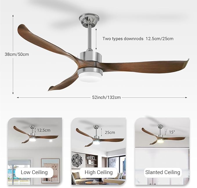 Top G 56" Ceiling Fan with Lights and Remote, Brown Sliver Outdoor Ceiling Fan, 3 Curved Blades, Noiseless Reversible Motor, Modern Indoor LED Ceiling Fan for Kitchen Bedroom Living Room