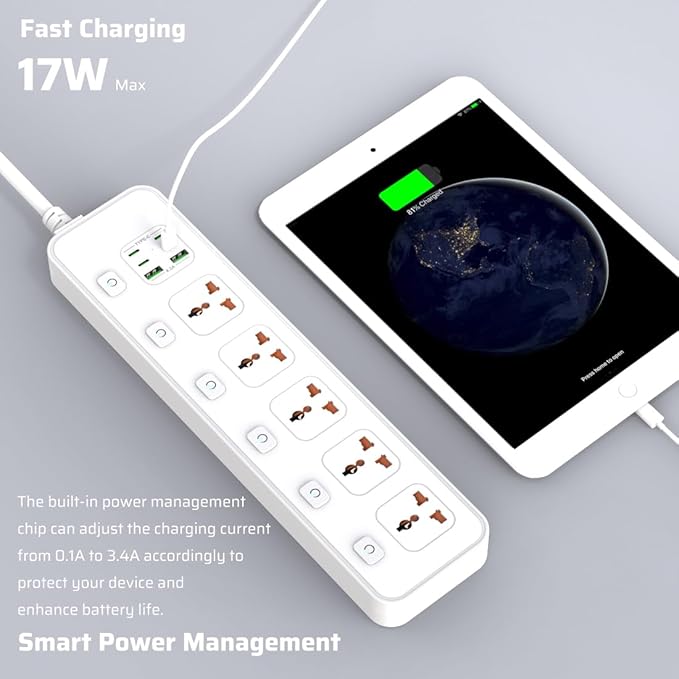 CREATMOR Extension Cord 3 Meter,Universal Power Strip with 5 Outlets and 6 USB Ports, Extension Cord with Surge Protection, Heavy Duty Universal Power Extension- White