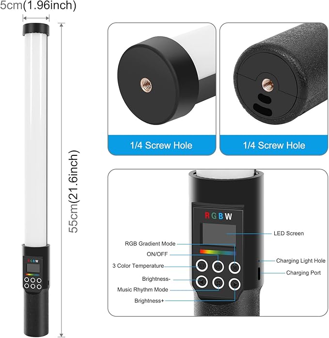 OUNA Handheld RGB Light Tube LED Video Light Wand with Barndoor 3000K-6500K Dimmable 18 Lighting Effects Built-in Battery for Vlog Live Streaming Product Portrait Photography