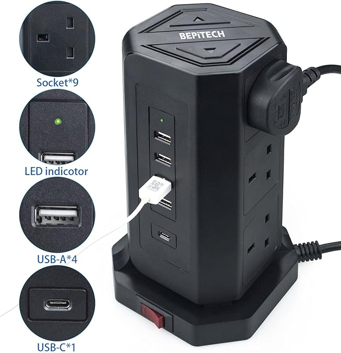 BEPiTECH 14-in-1 Power Tower Extension Cord, 9 Vertical Power Outlets Strip, 18W Fast PD USB-C & 4 USB Charging Ports, 2M Multi-Plug Surge-Protected UK Socket for Computer, Laptop, Phone, and Tablet