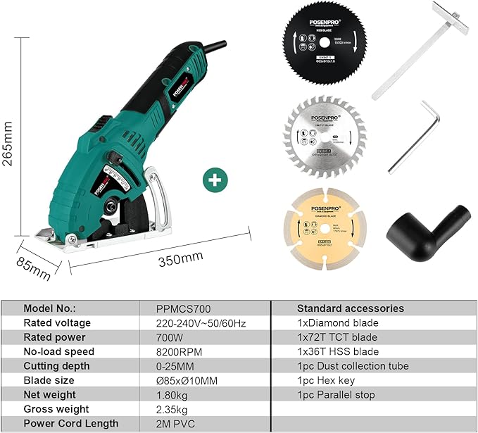 POSENPRO Mini Circular Saw, 700W 8200RPM Compact Circular Saw with 3 Saw Blades Cutting Depth 25mm, Ideal for Wood, Soft Metal, Tile And Plastic Cuts - PPMCS700