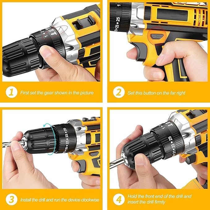 48V Cordless Drill, 3/8 Inch Power Drill Set with 2 Lithium Ion Battery and Charger, Electric Drill with Variable Speed, 19 Positions and 24-Pieces Drill/Driver Accessories Kit (Yellow-2)