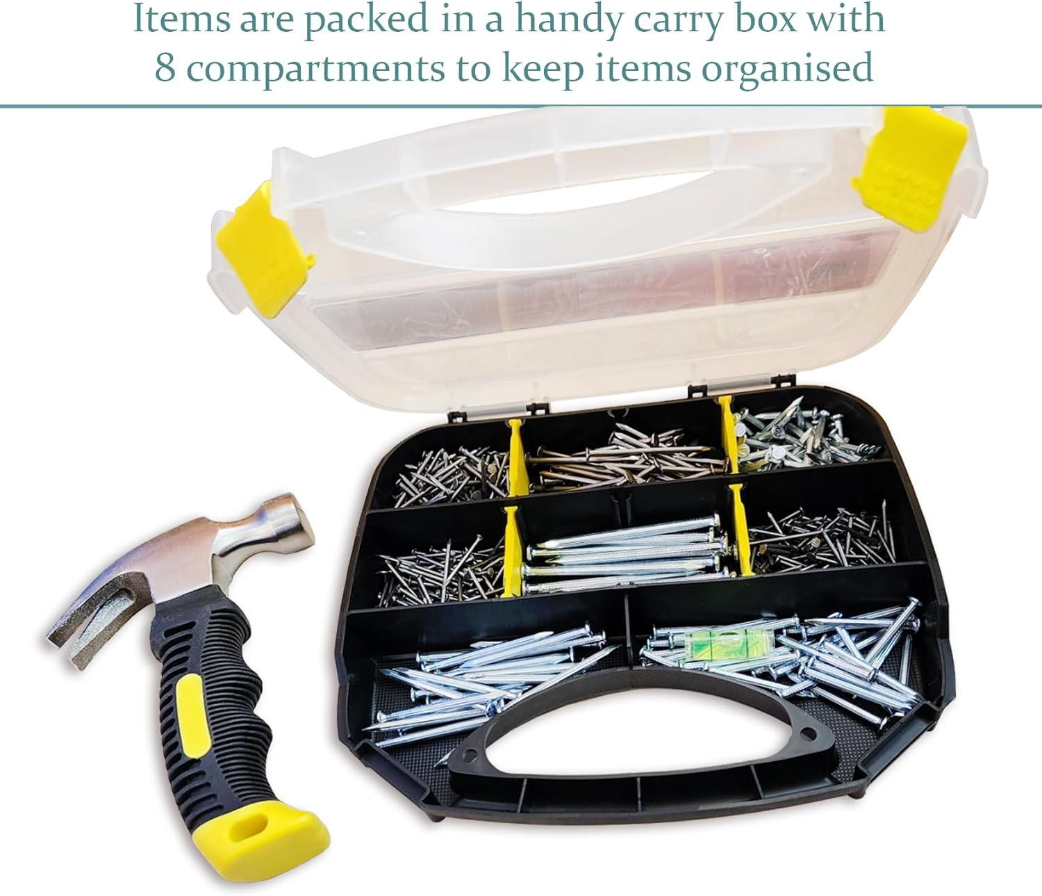 VIXEL 520+ pcs of Flat Head and Masonry Concrete Nails Assortment Kit with Hammer and Level Gauge