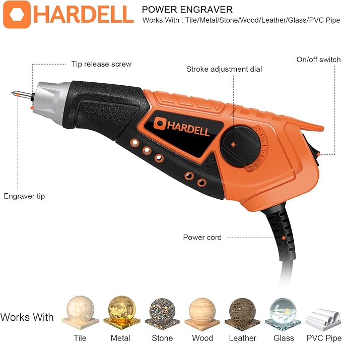 HARDELL 15W Engraver,5 Speed Etching Power Tool Equipped with Soft Rubber Handle and Tungsten Carbide Steel Bits,Mini Multi-Function for Tile,Metal,Stone,Wood,Leather,Glass,PVC Pipe,DIY Crafts