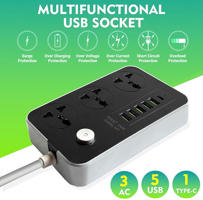 SKY-TOUCH Power Strips Extension Cords 3 Outlets, Universal Power Socket with 5 USB & 1 Type-C Ports, 2M Bold Extension Cord Plug Adapter for Home, Office, Kitchen